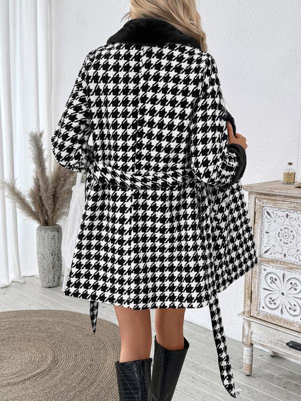 Women's Houndstooth Print Contrast Faux Fur Belted Shawl Collar Jacket, Casual Long Sleeve Double Button Outerwear for Fall & Winter, Ladies Clothes for Daily Wear