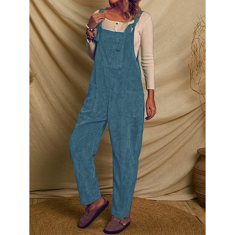 Solid Corduroy Overall Jumpsuit, Casual Patch Pocket Overall Jumpsuit, Suitable for Spring and Autumn, Women's Clothing