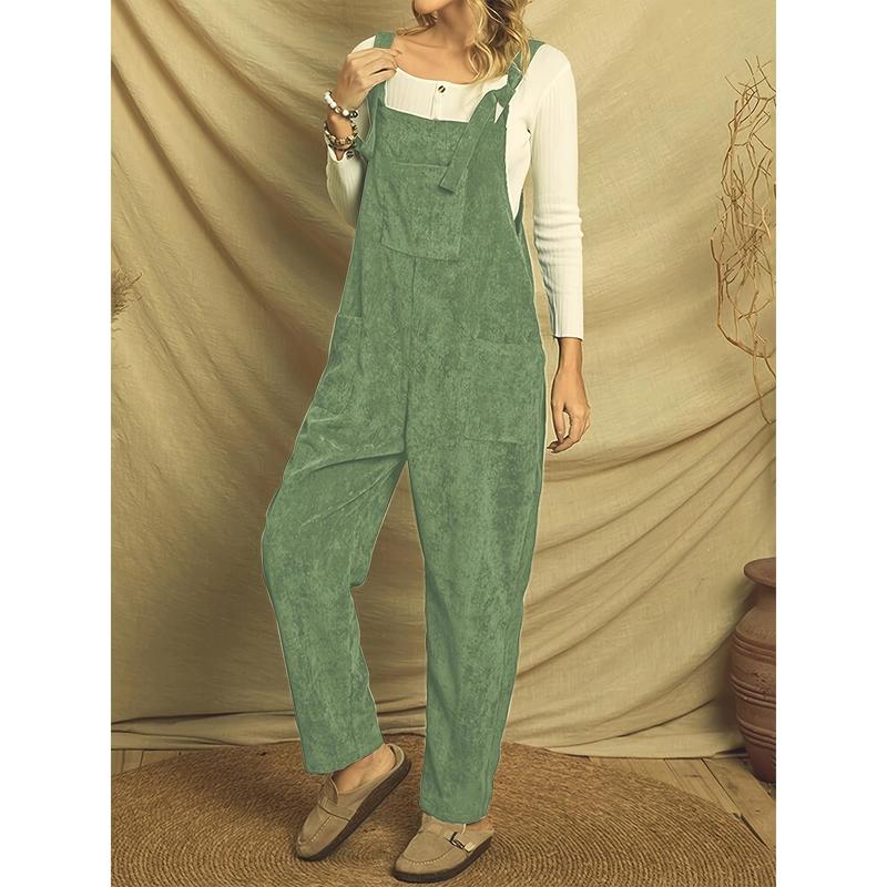 Solid Corduroy Overall Jumpsuit, Casual Patch Pocket Overall Jumpsuit, Suitable for Spring and Autumn, Women's Clothing