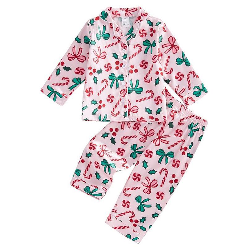 Pink Mommy and Me Matching Pajamas Bow Candy Cane Print Button Down Long Sleeve Tops and Pants Set Christmas Sleepwear