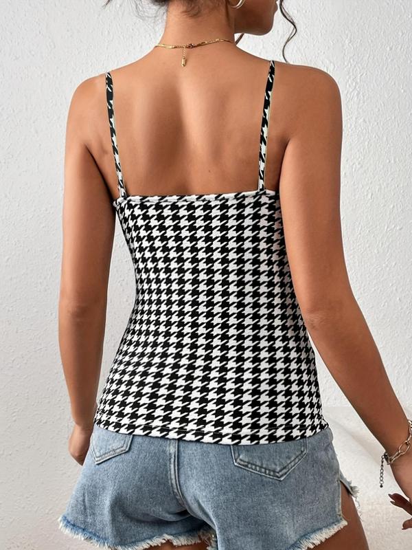 Women's Houndstooth Print Criss Cross Backless Cami Top, Casual Sleeveless Spaghetti Strap Top for Fall & Winter, Women's Clothing for Daily Wear