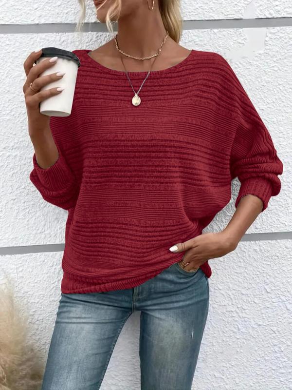 Women's Plain Round Neck Batwing Sleeve Tee, Casual Long Sleeve Crew Neck T-shirt for Fall & Winter, Fashion Ladies' Knit Clothing for Daily Wear