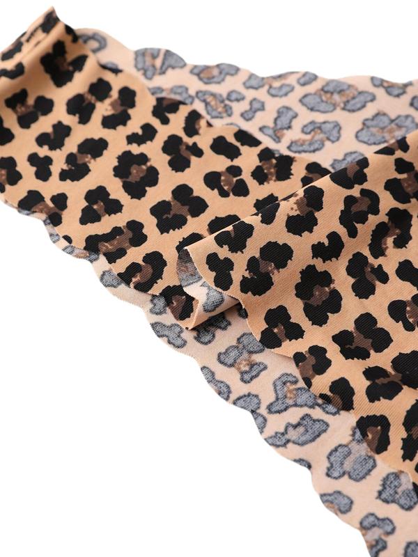 Women's Solid Leopard Print Scallop Trim Thong, Soft Comfy Breathable Panty for Daily Wear, Underwear for All Seasons