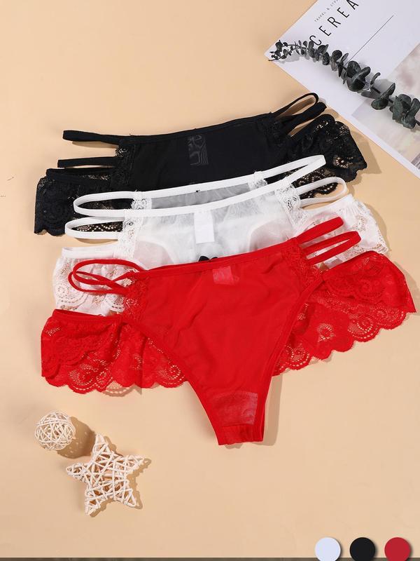 Women's 3pcs Bow Decor Lace Knicker, Comfy Breathable Cozy Hollow Out Lace Panty for Lady Daily Wear, Women Underwear Bottom for All Seasons, Comfort Womenswear