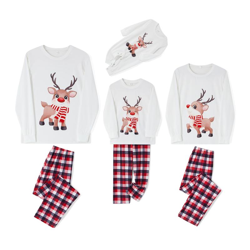 Family Matching Christmas Pajamas Outfits, Long Sleeve Elk Printed Tops + Elastic Plaid Pants Romper Sets Sleepwear & Loungewear