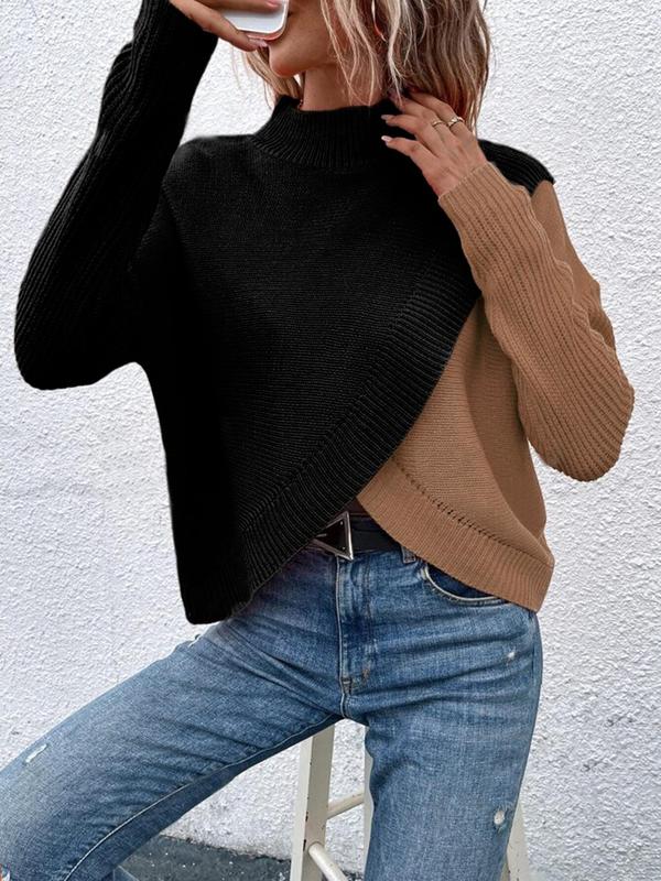 Women's Colorblock Wrap Drop Shoulder Sweater, Casual Asymmetrical Long Sleeve Mock Neck Jumper for Spring & Fall, Fashion Women's Knitwear for Daily Wear