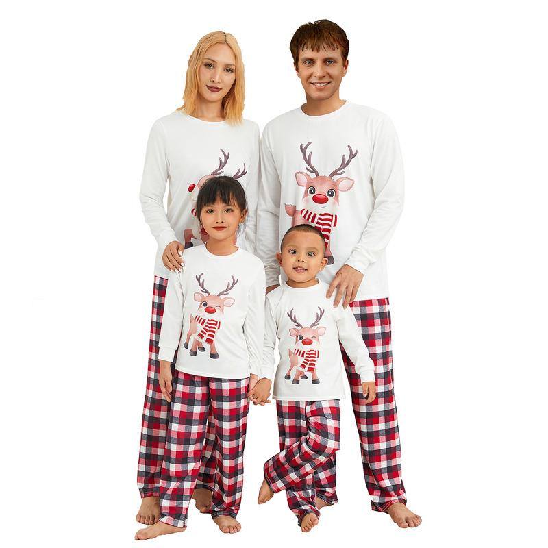 Family Matching Christmas Pajamas Outfits, Long Sleeve Elk Printed Tops + Elastic Plaid Pants Romper Sets Sleepwear & Loungewear