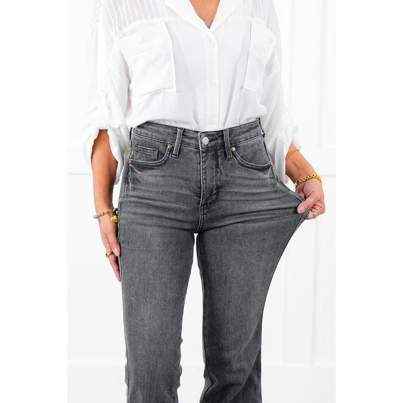 Judy Blue  The Luna Mid Rise Washed Gray Tummy Control Release Hem Flare Jeans