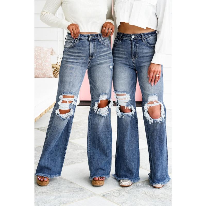 Risen Small Town Distressed Wide Leg Jeans