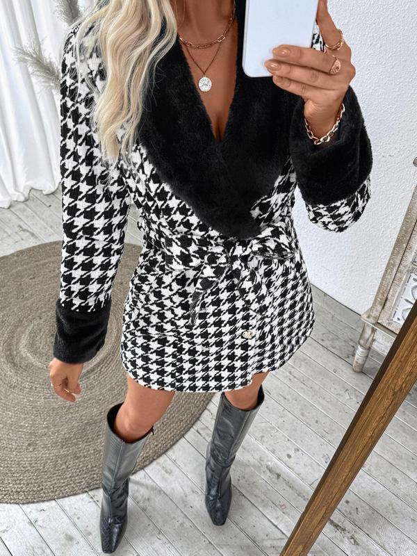 Women's Houndstooth Print Contrast Faux Fur Belted Shawl Collar Jacket, Casual Long Sleeve Double Button Outerwear for Fall & Winter, Ladies Clothes for Daily Wear