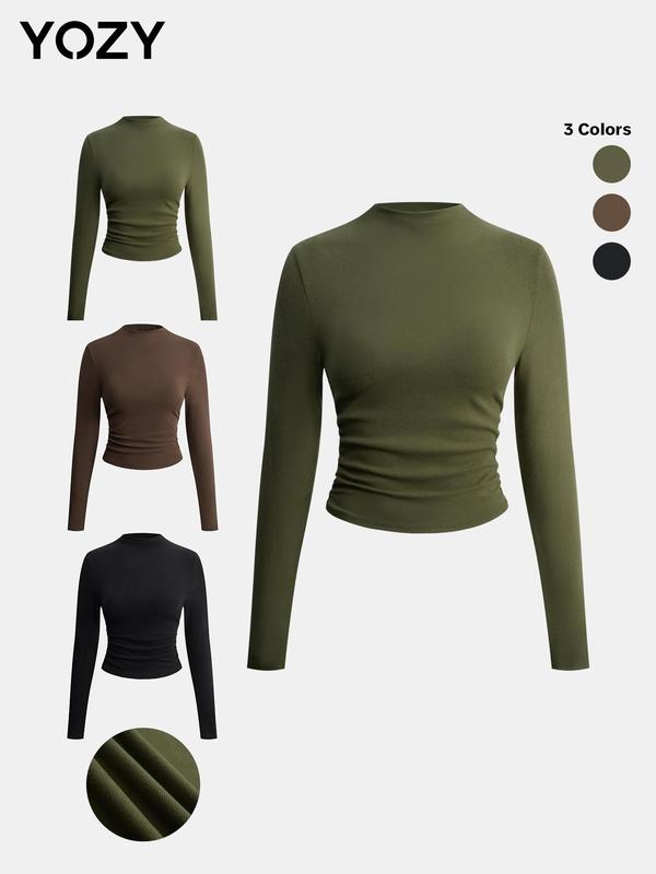 YOZY Women's Solid Ruched Mock Neck Tee, Casual Long Sleeve T-Shirt for Daily Wear, Ladies Clothes for All Seasons