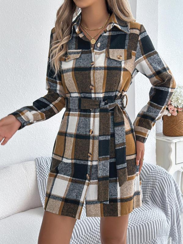 Women's Plaid Print Button Decor Dress, Casual Long Sleeve Collared Short Dress for Fall & Winter, Women's Clothes for Daily Wear