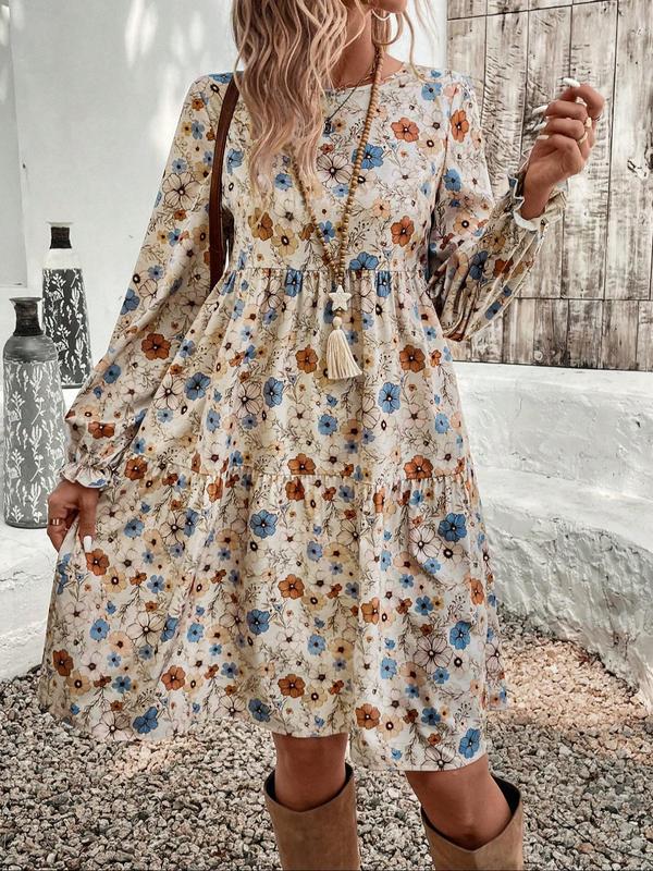 Women's All Over Floral Print Plicated Flounce Sleeve Dress, Casual Long Sleeve Round Neck Short Dress for Daily Wear, Ladies Clothes for All Seasons，  Moo Moo Dresses