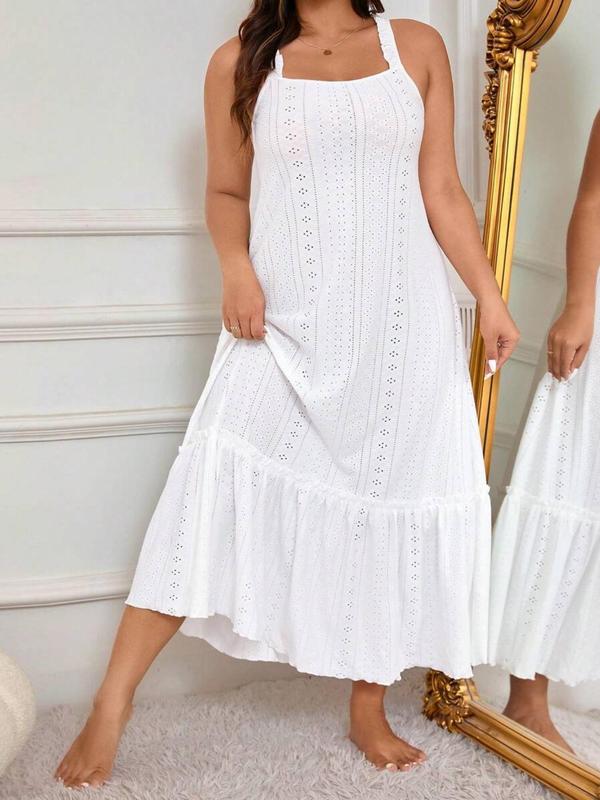  Eyelet Embroidery Ruffle Frill Trim Nightdress, Casual Soft Comfortable Lettuce Trim Square Neck Sleeveless Nightgown for Women, Women's Plus Sleepwear for All Seasons