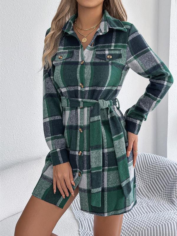 Women's Plaid Print Button Decor Dress, Casual Long Sleeve Collared Short Dress for Fall & Winter, Women's Clothes for Daily Wear