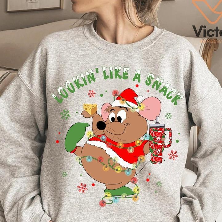 Santa Gus Gus Mouse Christmas Light Sweatshirt, Cute Christmas Crewneck, Family Christmas Sweater, Merry Xmas Party Family Holiday Tee