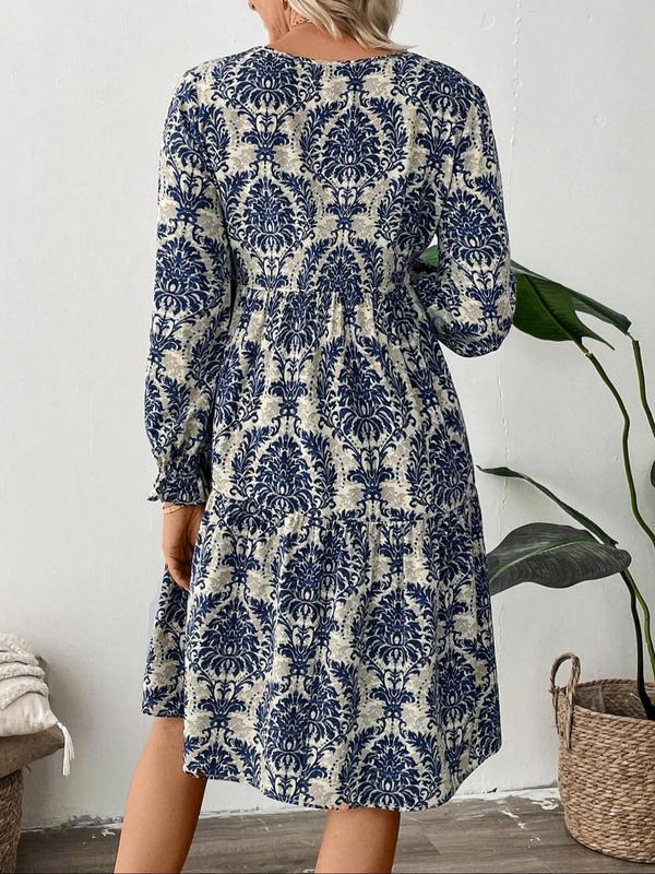 Women's All Over Floral Print Plicated Flounce Sleeve Dress, Casual Long Sleeve Round Neck Short Dress for Daily Wear, Ladies Clothes for All Seasons，  Moo Moo Dresses