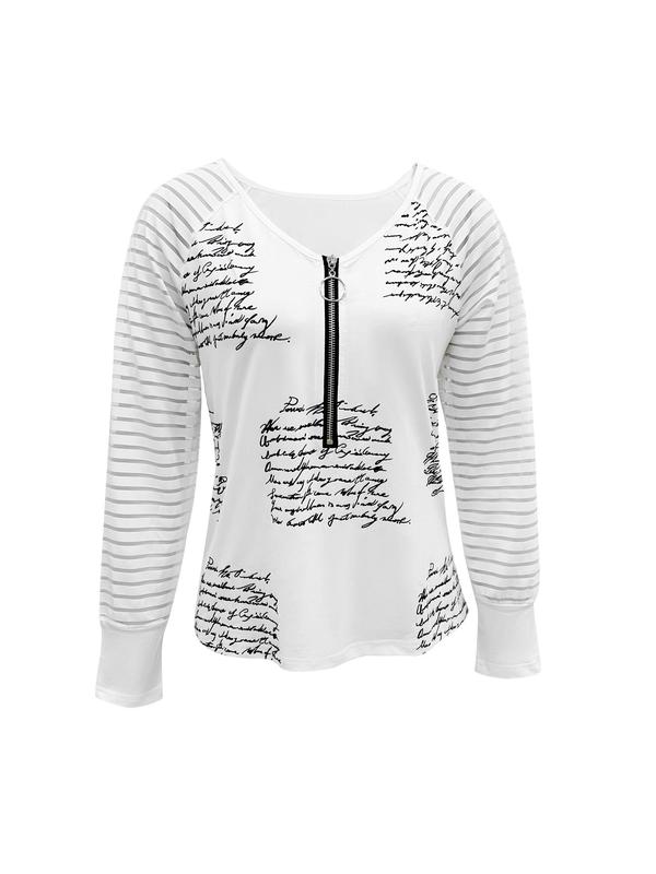 Women's Letter & Striped Print Zipper Raglan Sleeve Graphic Tee, Casual Long Sleeve V Neck T-shirt for Summer, Fashion Women's Top for Daily Wear