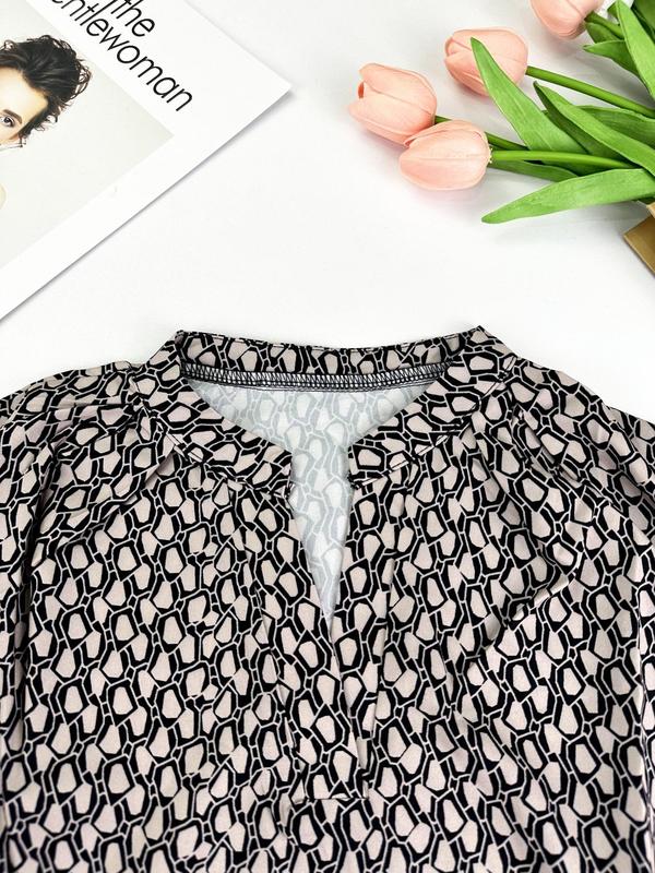 Women's All Over Print Notched Neck Bishop Sleeve Blouse, Elegant Long Sleeve Top for Spring & Fall, Ladies Clothes for Daily Wear