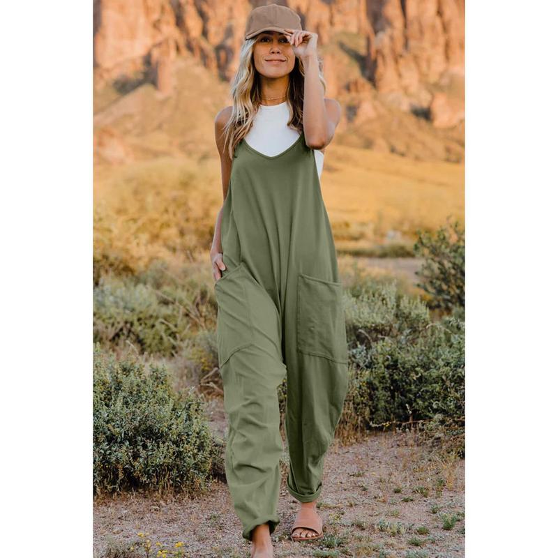 Double Take Full Size V-Neck Sleeveless Jumpsuit with Pockets， Stretchy Overalls