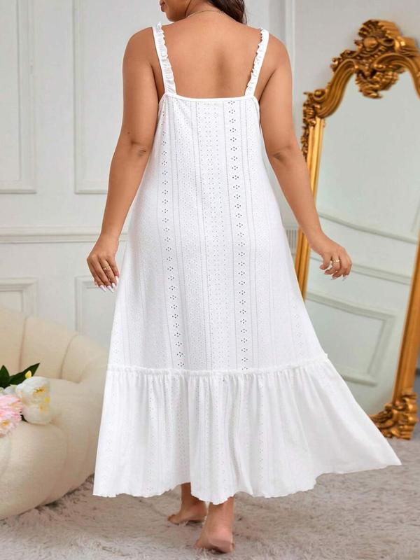  Eyelet Embroidery Ruffle Frill Trim Nightdress, Casual Soft Comfortable Lettuce Trim Square Neck Sleeveless Nightgown for Women, Women's Plus Sleepwear for All Seasons