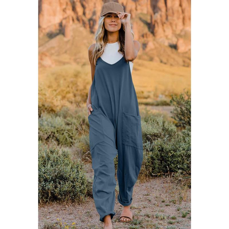 Double Take Full Size V-Neck Sleeveless Jumpsuit with Pockets， Stretchy Overalls