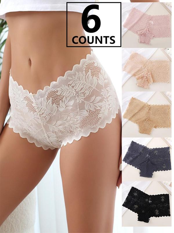 Women's Plain Leaf Lace Scallop Trim Panty, Soft Comfy Breathable Knicker for Daily Wear, Underwear for All Seasons