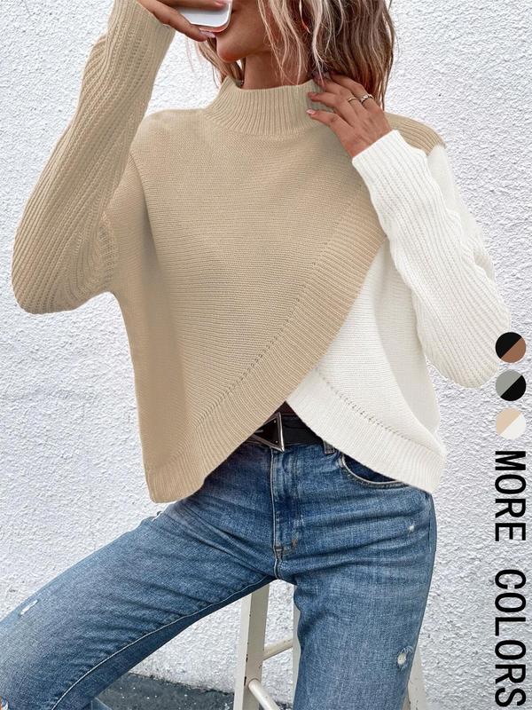 Women's Colorblock Wrap Drop Shoulder Sweater, Casual Asymmetrical Long Sleeve Mock Neck Jumper for Spring & Fall, Fashion Women's Knitwear for Daily Wear