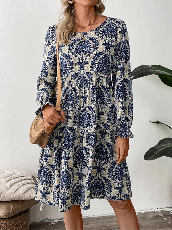 Women's All Over Floral Print Plicated Flounce Sleeve Dress, Casual Long Sleeve Round Neck Short Dress for Daily Wear, Ladies Clothes for All Seasons，  Moo Moo Dresses