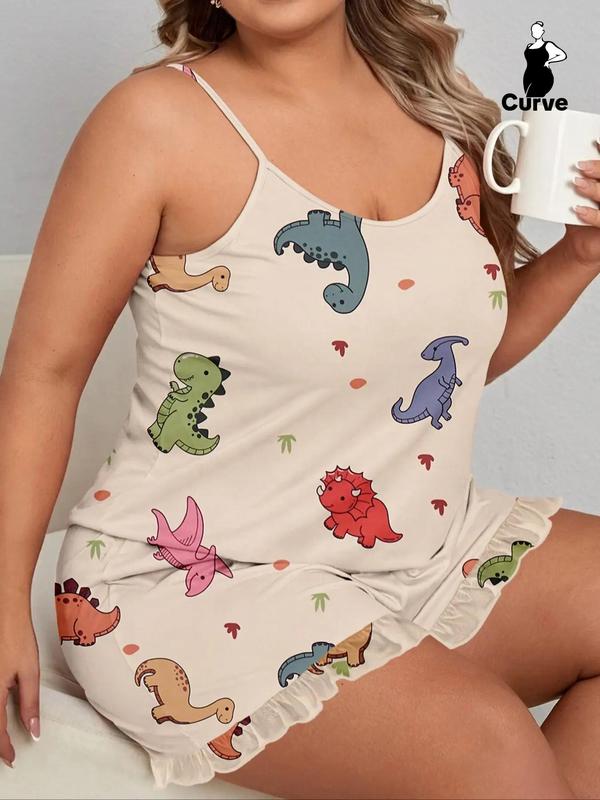  2 Pieces Dinosaur Print Cami Top & Ruffle Hem Elastic Waist Shorts Pyjama Set, Women Cute Nightwear, Summer Clothes Women, Comfy Sleeveless Top & Shorts Set, PJ Sets for Women, Summer Wear 2024, Back To School Clothing