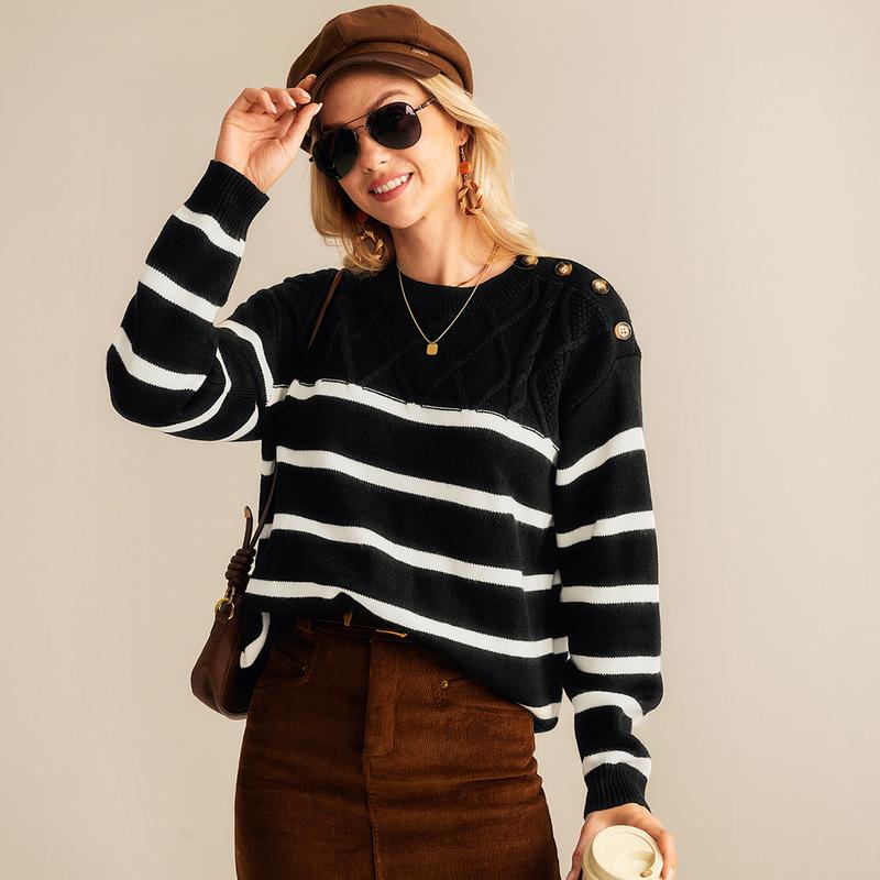 Grace Karin Women Striped Sweater Long Sleeve Crew Neck Dropped Shoulder Pullover Knitwear Womenswear Tops Knitting