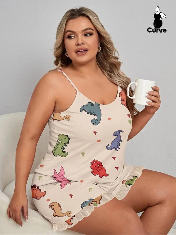  2 Pieces Dinosaur Print Cami Top & Ruffle Hem Elastic Waist Shorts Pyjama Set, Women Cute Nightwear, Summer Clothes Women, Comfy Sleeveless Top & Shorts Set, PJ Sets for Women, Summer Wear 2024, Back To School Clothing