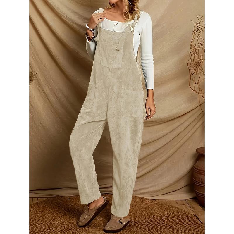 Solid Corduroy Overall Jumpsuit, Casual Patch Pocket Overall Jumpsuit, Suitable for Spring and Autumn, Women's Clothing