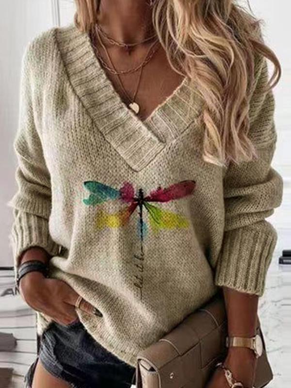 Women's Dragonfly Print Drop Shoulder Sweater, Sweatshirts for Women, V Neck Jumper for Daily Wear, Casual Long-sleeve Knitwear for Fall & Winter, Comfort Knitting Tops for Lady, Womenswear