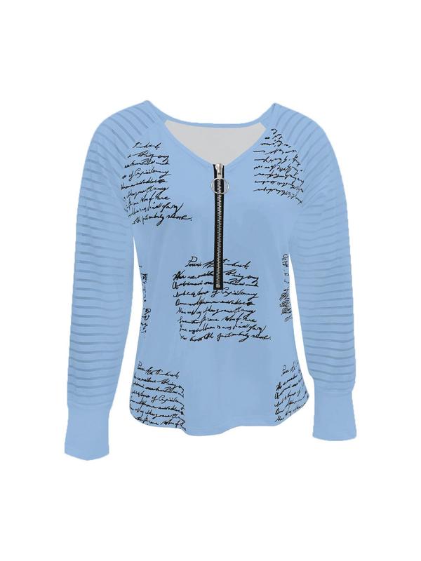 Women's Letter & Striped Print Zipper Raglan Sleeve Graphic Tee, Casual Long Sleeve V Neck T-shirt for Summer, Fashion Women's Top for Daily Wear