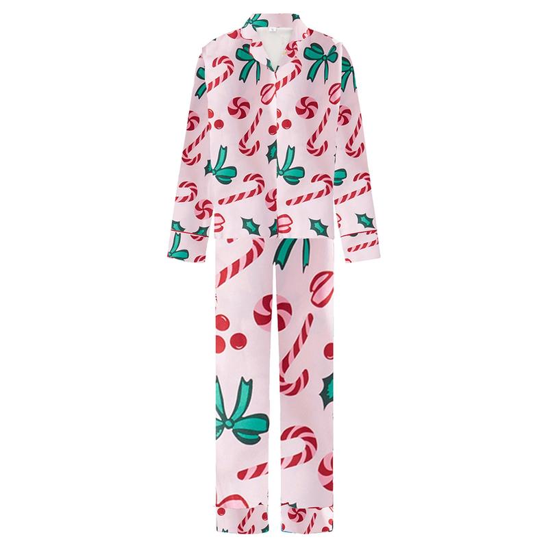 Pink Mommy and Me Matching Pajamas Bow Candy Cane Print Button Down Long Sleeve Tops and Pants Set Christmas Sleepwear