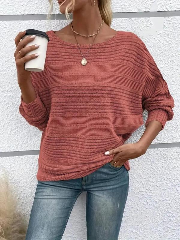 Women's Plain Round Neck Batwing Sleeve Tee, Casual Long Sleeve Crew Neck T-shirt for Fall & Winter, Fashion Ladies' Knit Clothing for Daily Wear