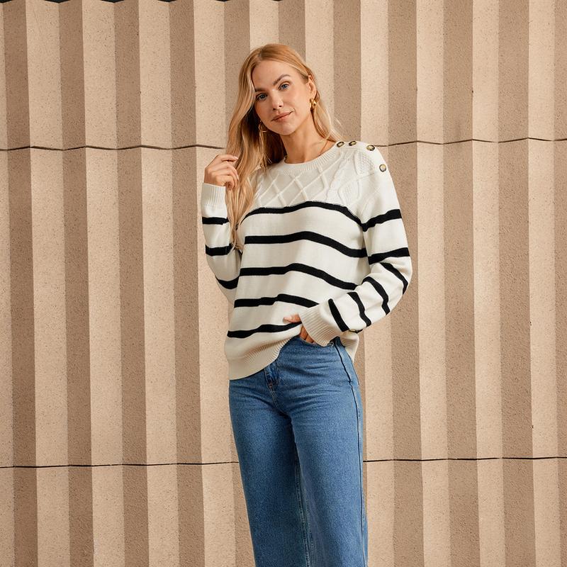 Grace Karin Women Striped Sweater Long Sleeve Crew Neck Dropped Shoulder Pullover Knitwear Womenswear Tops Knitting