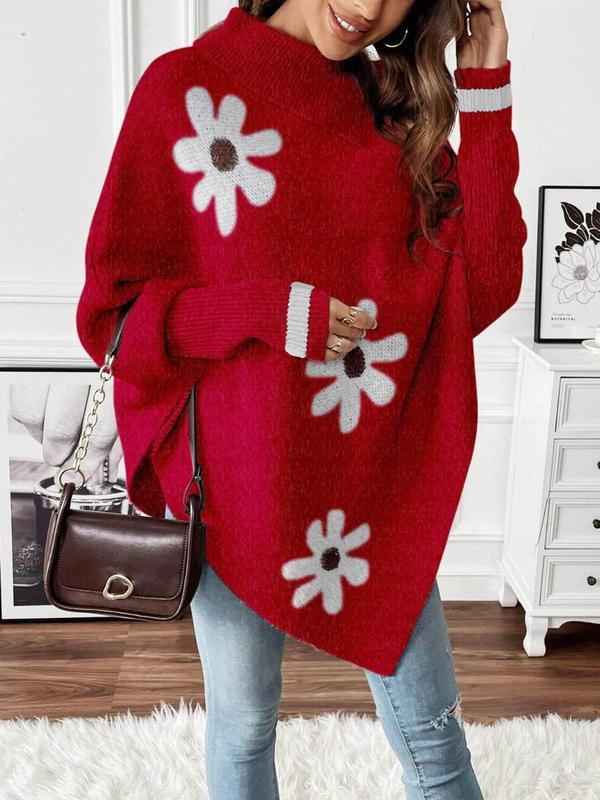  Women's Floral Pattern Cloak Sleeve Sweater, Casual Long Sleeve Turtle Neck Jumper for Fall & Winter, Women's Clothing for Daily Wear