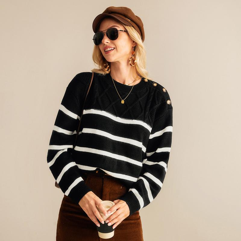 Grace Karin Women Striped Sweater Long Sleeve Crew Neck Dropped Shoulder Pullover Knitwear Womenswear Tops Knitting