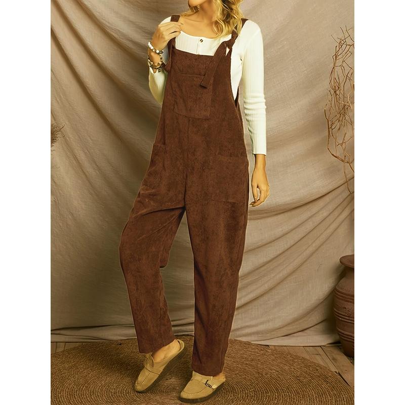 Solid Corduroy Overall Jumpsuit, Casual Patch Pocket Overall Jumpsuit, Suitable for Spring and Autumn, Women's Clothing