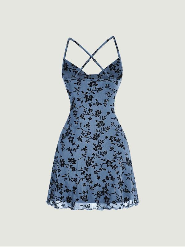 Women's Floral Print Contrast Mesh Cami Dress, Casual Vintage Lettuce Trim Criss Cross Dress, Dresses for Women, Back To School Outfits, Ladies' Clothes for Beach Holiday Birthday Outfit Black Girl