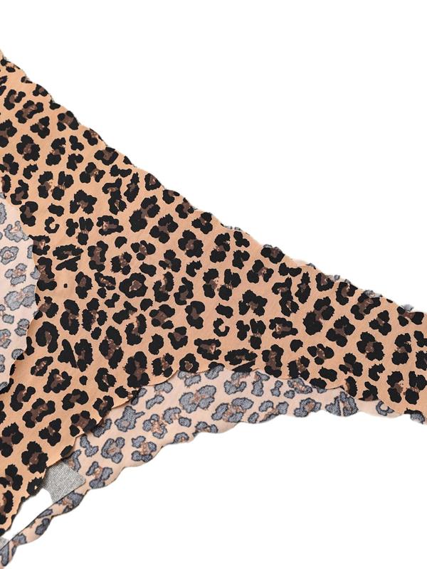 Women's Solid Leopard Print Scallop Trim Thong, Soft Comfy Breathable Panty for Daily Wear, Underwear for All Seasons