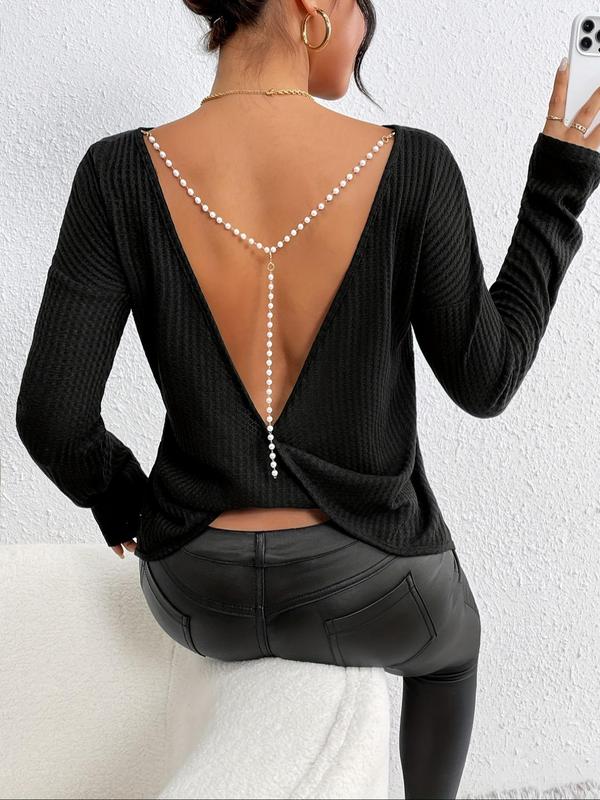 Women's Solid Twisted Backless Knitted Tee, Elegant Long Sleeve Round Neck T-shirt for Summer, Ladies Clothes for Daily Wear