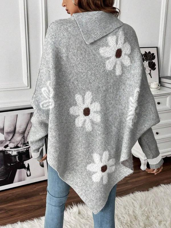  Women's Floral Pattern Cloak Sleeve Sweater, Casual Long Sleeve Turtle Neck Jumper for Fall & Winter, Women's Clothing for Daily Wear