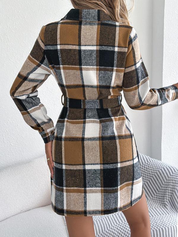 Women's Plaid Print Button Decor Dress, Casual Long Sleeve Collared Short Dress for Fall & Winter, Women's Clothes for Daily Wear