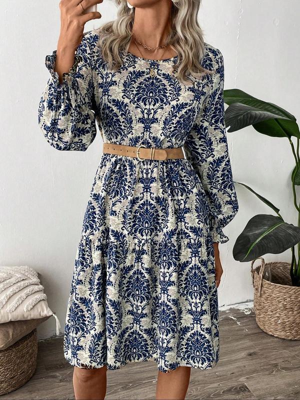 Women's All Over Floral Print Plicated Flounce Sleeve Dress, Casual Long Sleeve Round Neck Short Dress for Daily Wear, Ladies Clothes for All Seasons，  Moo Moo Dresses