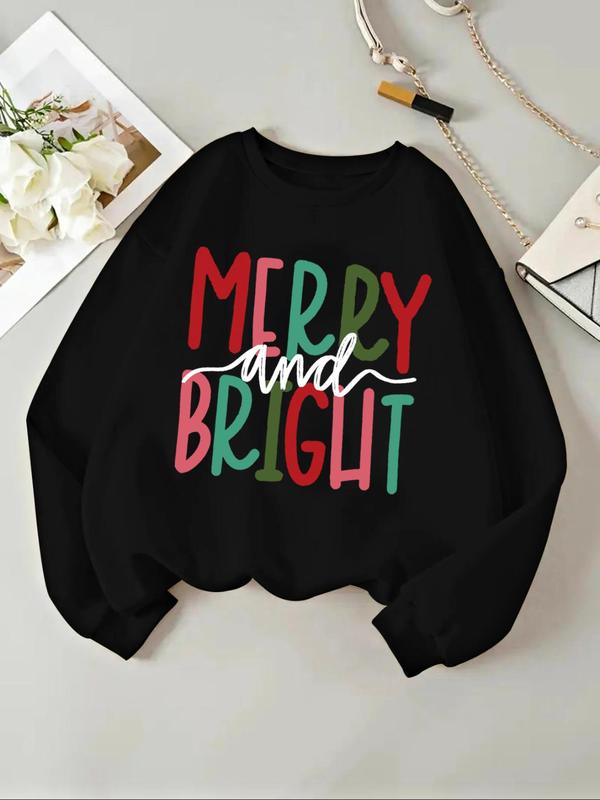  Letter Print Crew Neck Sweatshirt, Casual Merry and Bright Print Long Sleeve Pullover, Women's Fall & Winter Clothes for Daily Wear