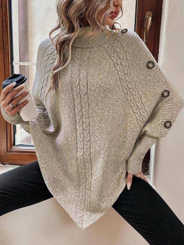 Women's Plain Fake Buttons Batwing Sleeve Sweater, Fall Outfits, Earthtone Fallfreshness, Sweater for Women, Casual Long Sleeve High Neck Jumper for Fall & Winter, Fashion Ladies' Knitwear for Daily Wear, Going Out Outfits