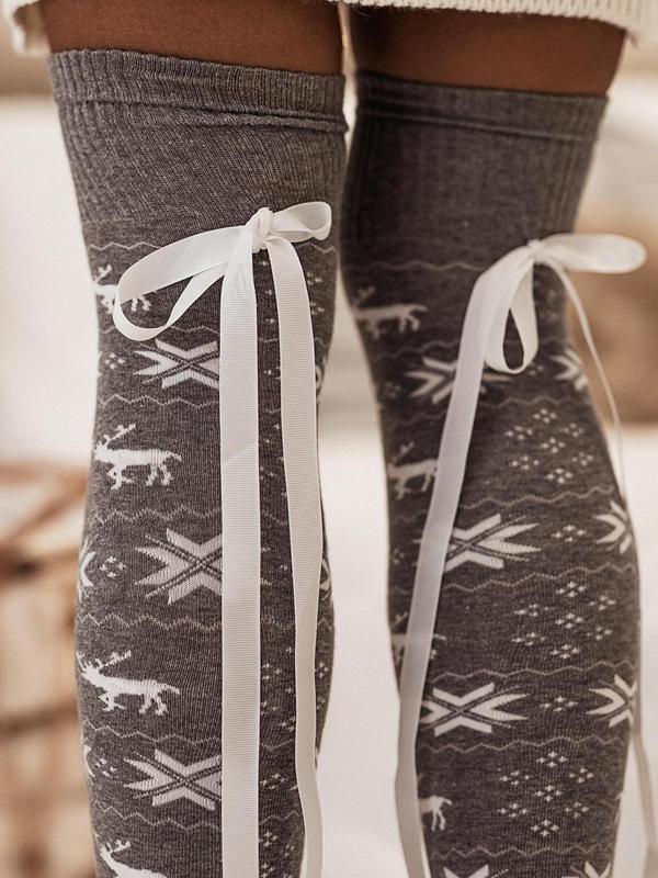 Women's Christmas Themed Print Bow Decor Over The Knee Socks, Casual Comfortable Knee-High Socks for Fall & Winter, Women's Socks for Daily Wear